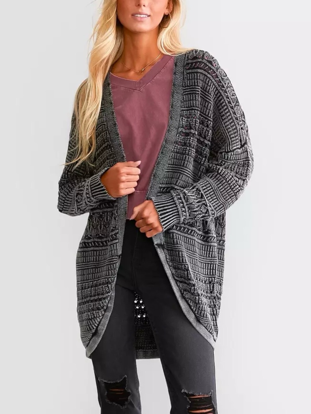 BKE Women’s 100% Cotton Black White Long Loose Knit Cardigan Sweater Medium